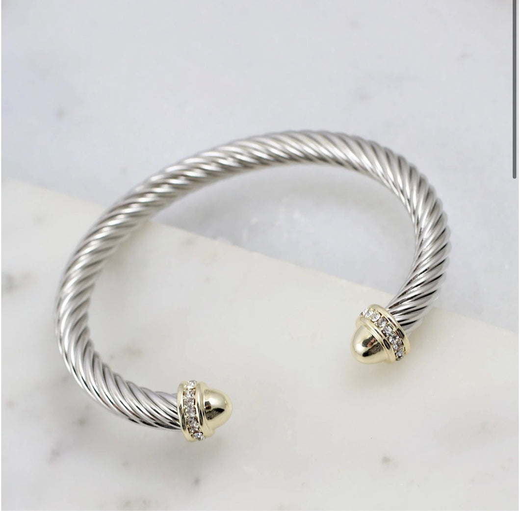 Inspired CZ Accent Two Tone Cable Bracelet Silver