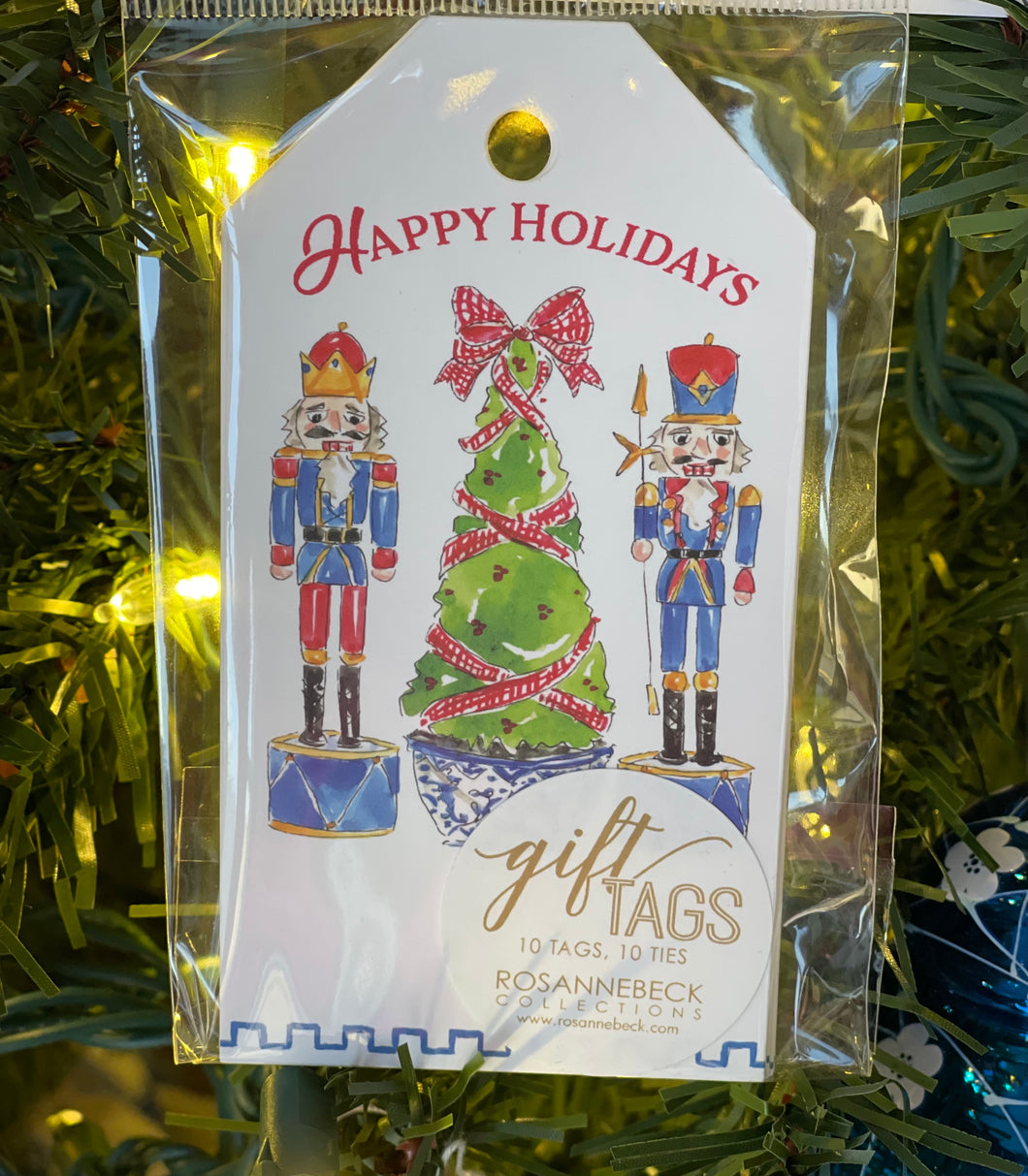 ROSEANNE BECK Happy Holidays Hand Painted Nutcrackers with Topiary Gift Tags (10 each)