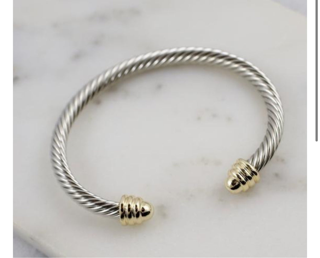 Two Tone Cable Cuff Bracelet Silver